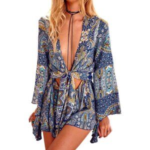 Boho Romper Playsuit With Long Flare Sleeves
